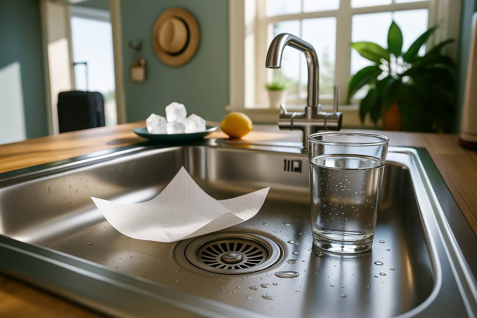 A glass of water and a paper towel